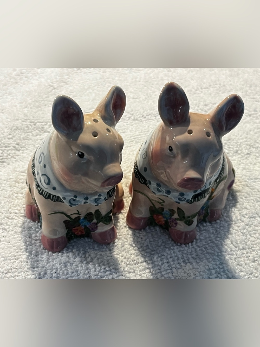 Hand-Painted Ceramic Pig Salt and Pepper Shakers - Floral Detail